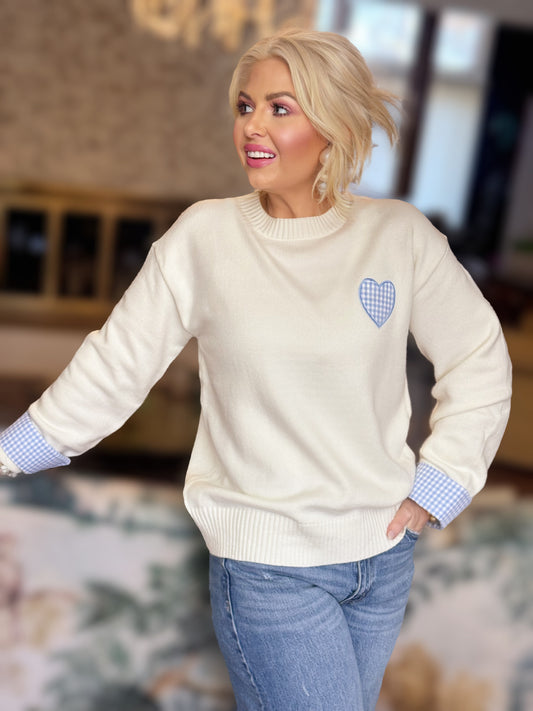 Sweetheart Edit: Plaid Heart Patch Drop Shoulder Crew Neck Sweater