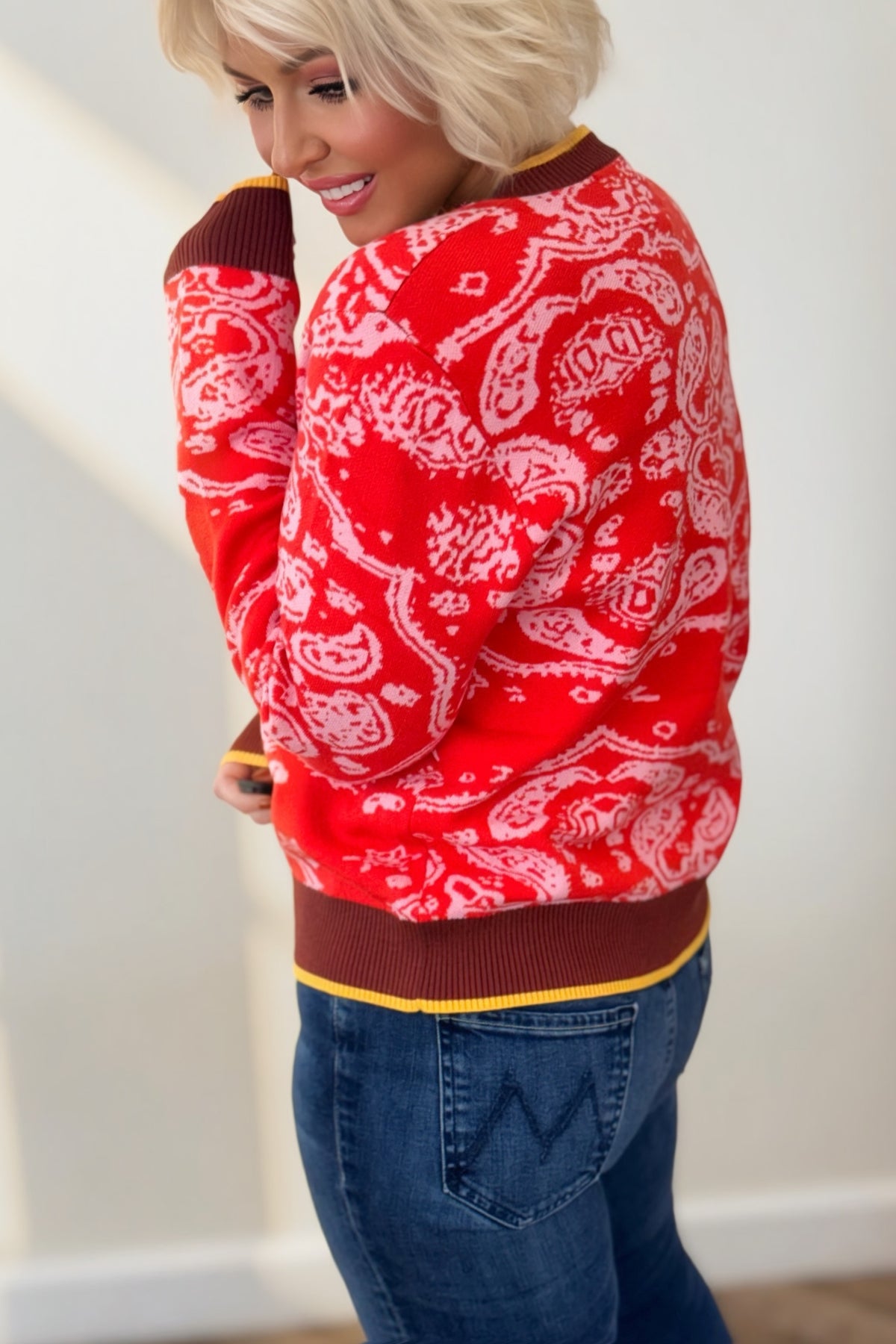 Poppy Red Paisley Knit Button-Down Cardigan Sweater
