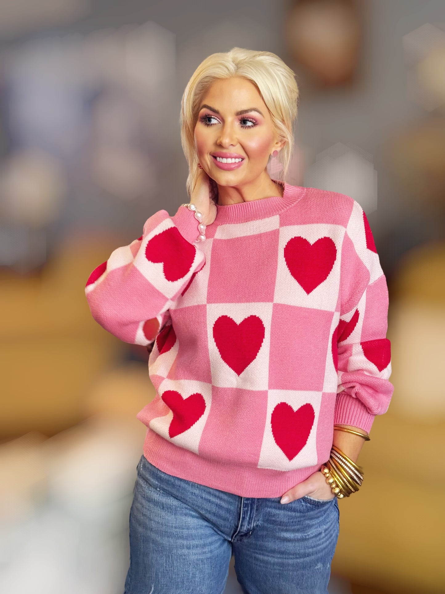 First Love Pink Heart Checkered Pattern Valentine Crew Neck Sweater