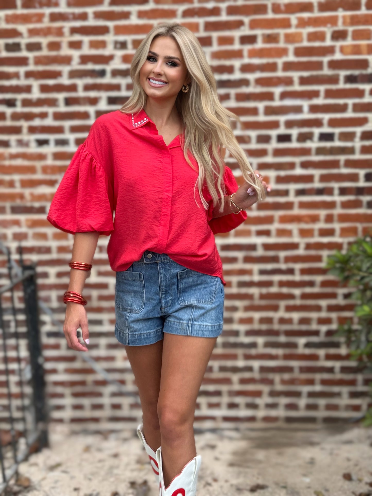 Too Too Hot Red Spark Rhinestone-Collar Blouse