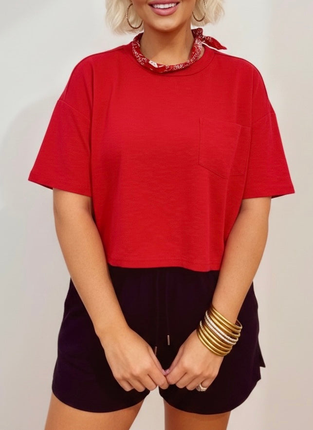 Red Relaxed Crop Tee | Boxy Pocket T-Shirt | Matching Set Top