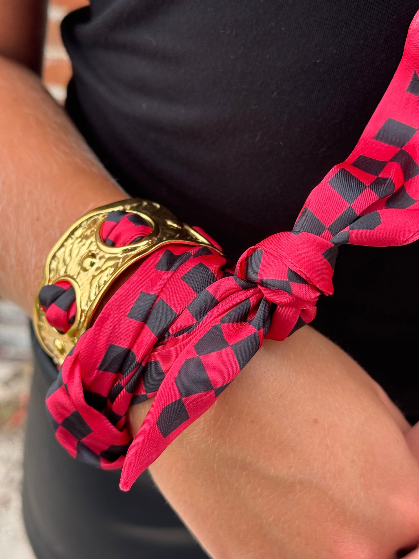 Red & Black Checkered Scarf Cuff Bracelet