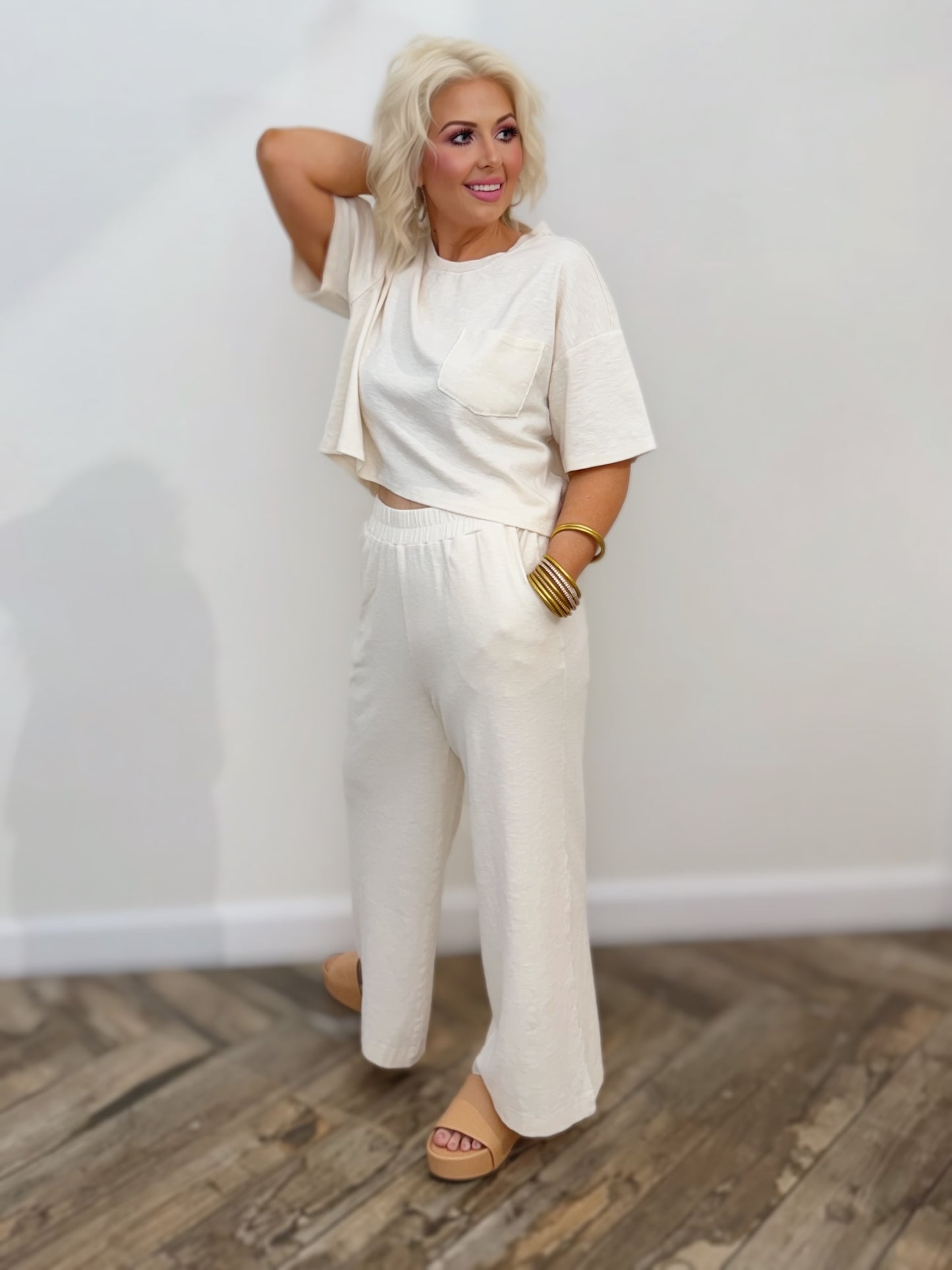 Cream Wide-Leg Lounge Pants | Elastic Waist Relaxed Fit Pants