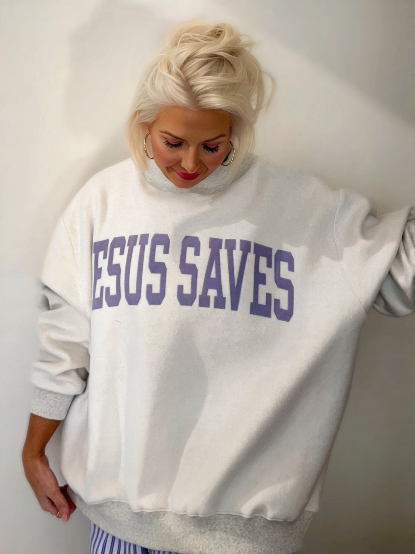 Reversible Christian Sweatshirt | CROSS & JESUS SAVES Oversized Pullover | Faith-Based 2-in-1 Mock Neck Sweatshirt | Cozy Boutique Crewneck