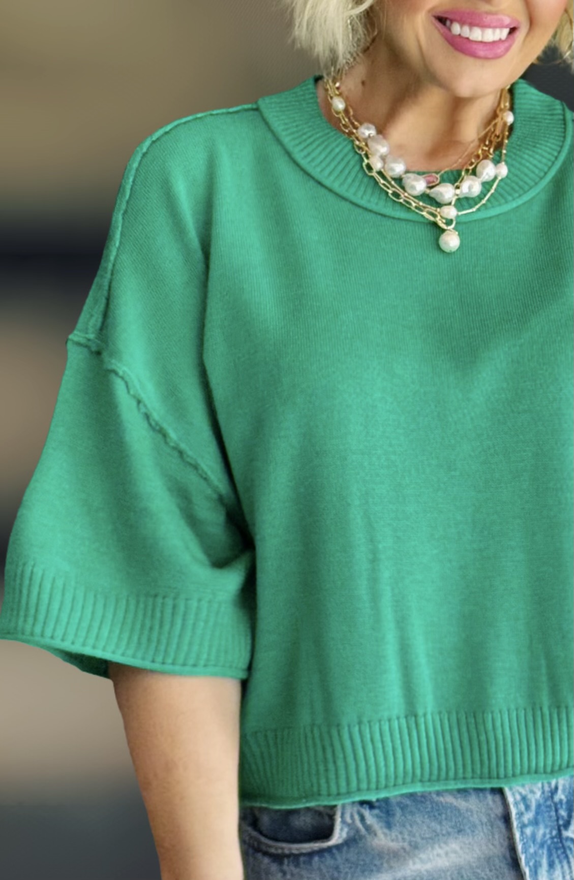Lawn & Love: Relaxed Fit Round Neck Short Sleeve Kelly Green Knit Top