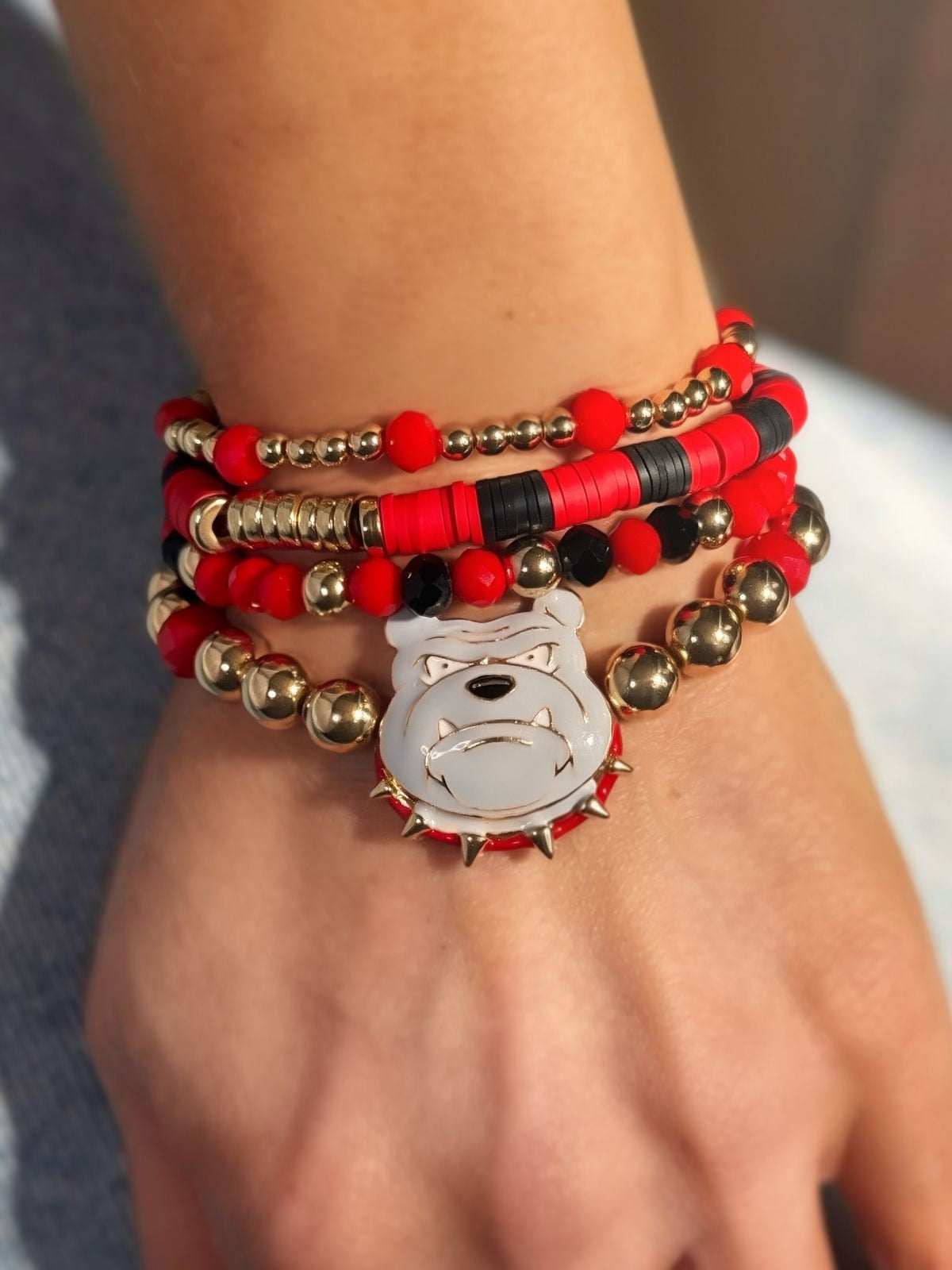 Red & Black Game Day Bulldog Mascot Charm Beaded Stretch Bracelet Set
