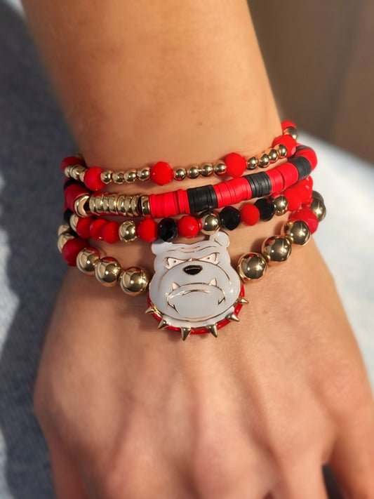 Red & Black Game Day Bulldog Mascot Charm Beaded Stretch Bracelet Set