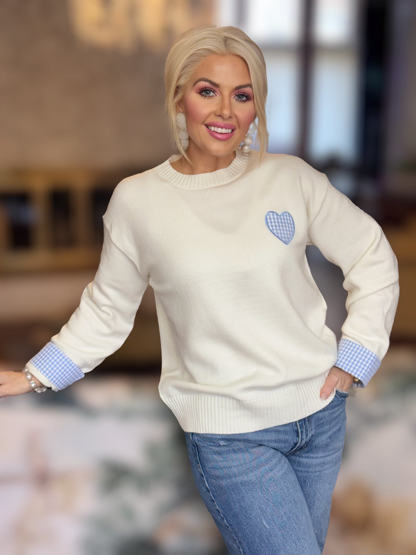 Sweetheart Edit: Plaid Heart Patch Drop Shoulder Crew Neck Sweater