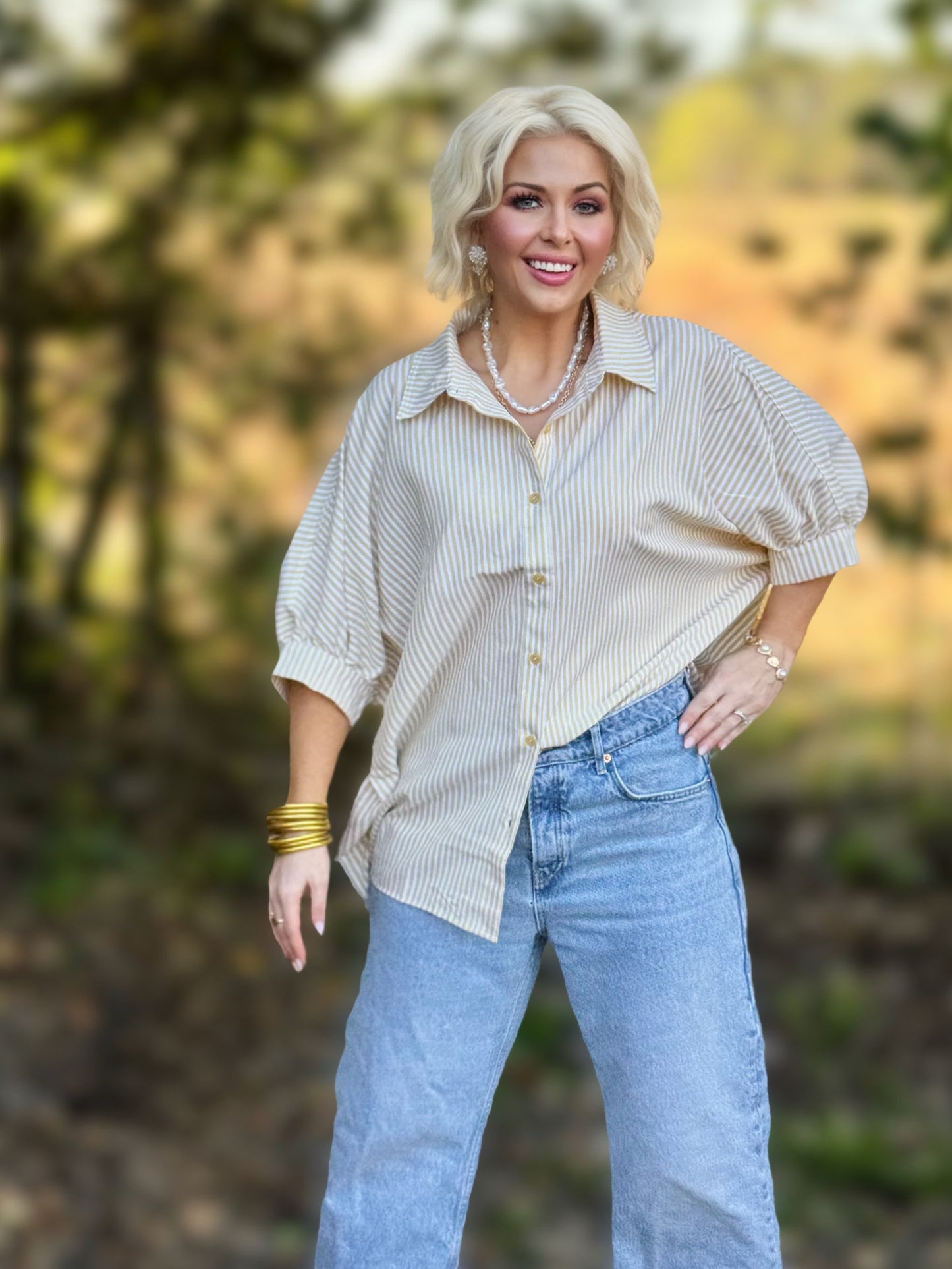 Spring Stripe Society Top: Creamy Yellow Striped Button-Down Relaxed Shirt