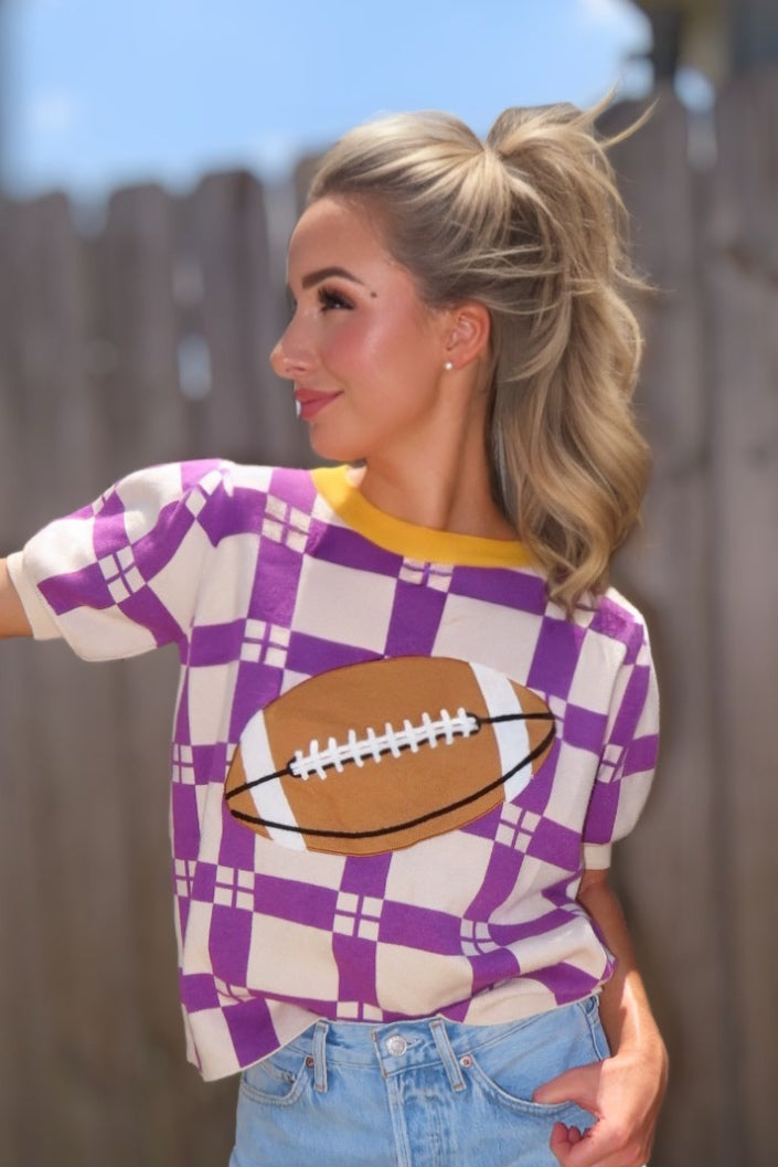 Purple & Gold Checkered Football Patch Game Day Knit Top