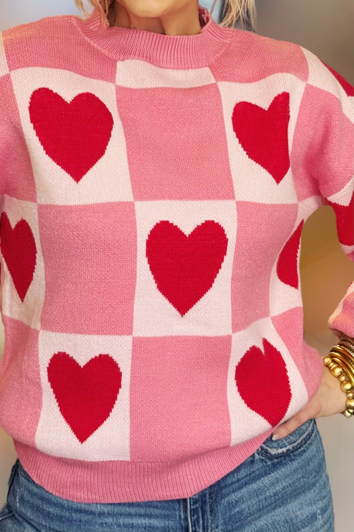 First Love Pink Heart Checkered Pattern Valentine Crew Neck Sweater