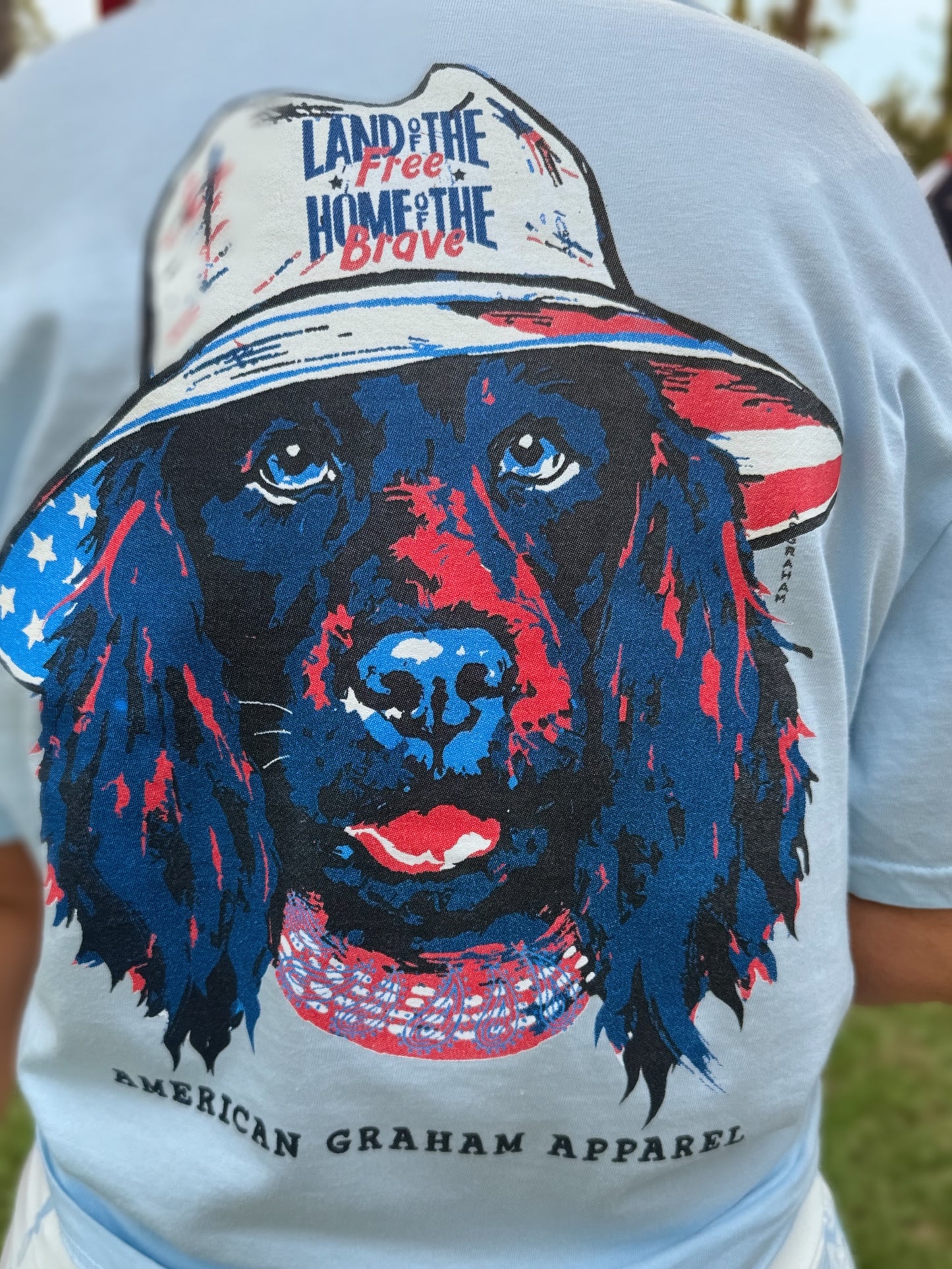 Land of the Free Dog Patriotic Graphic T-Shirt | American Graham Apparel | USA Flag Dog Tee