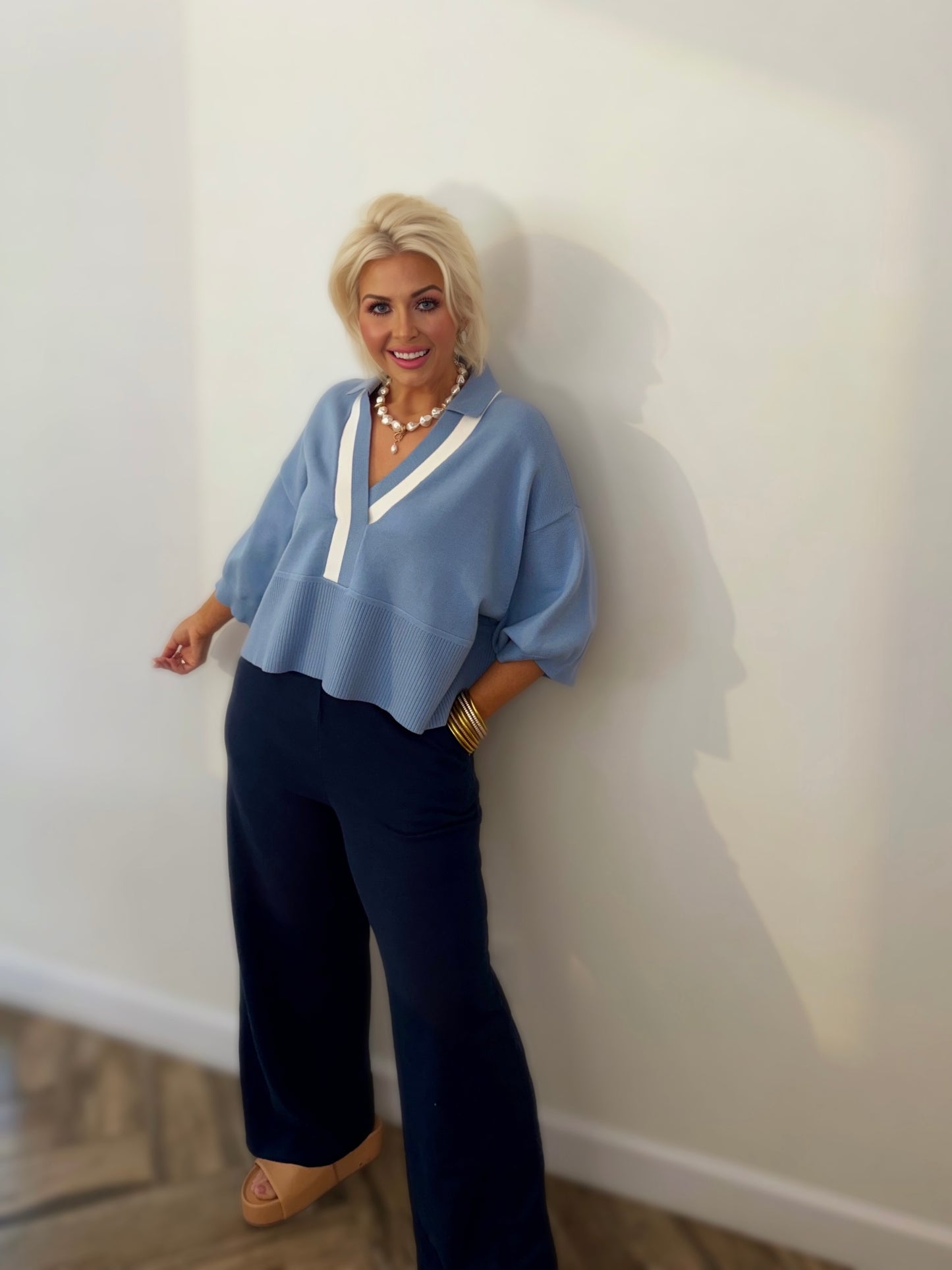 Cloud Blue Varsity Stripe Collared Sweater