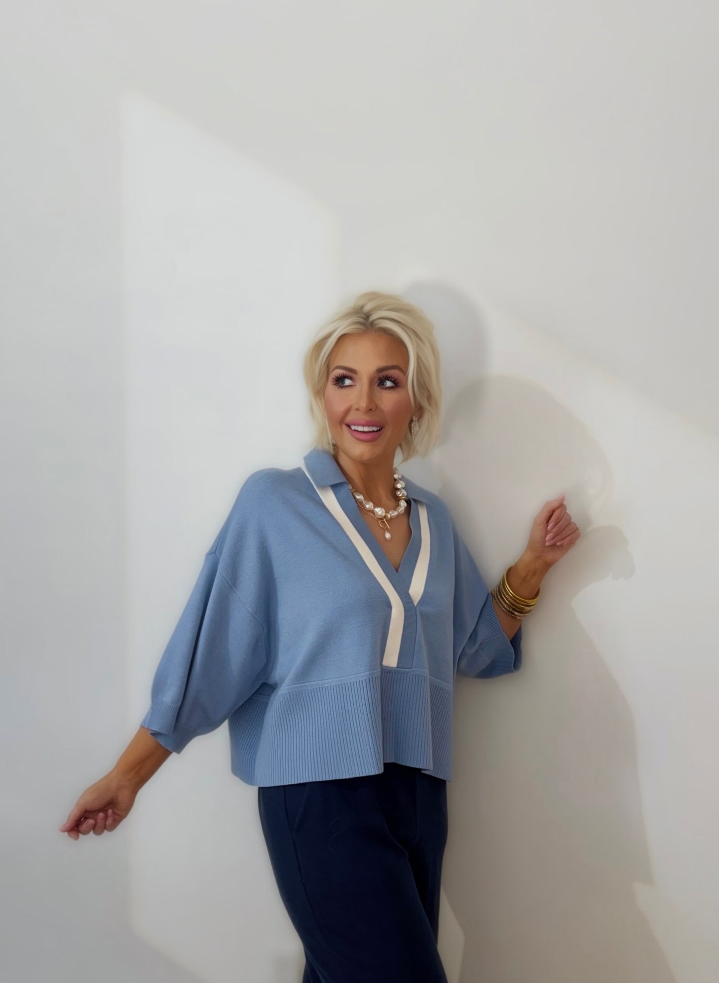 Cloud Blue Varsity Stripe Collared Sweater
