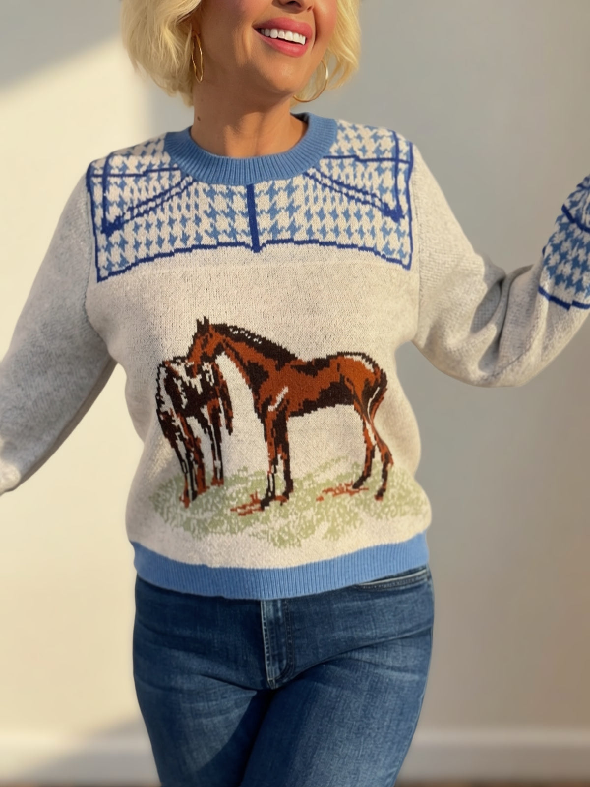 Dusty Blue Horse Motif Houndstooth Knit Sweater