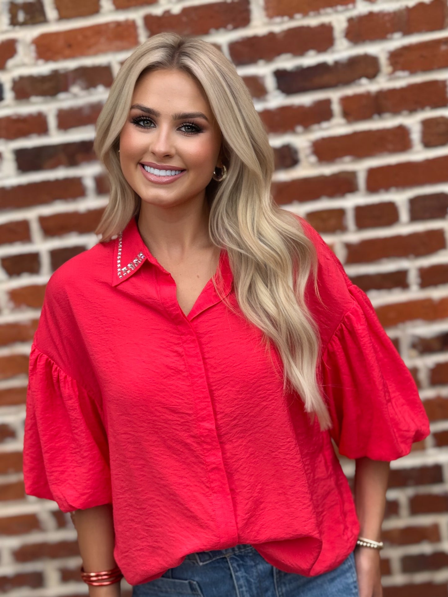 Too Too Hot Red Spark Rhinestone-Collar Blouse