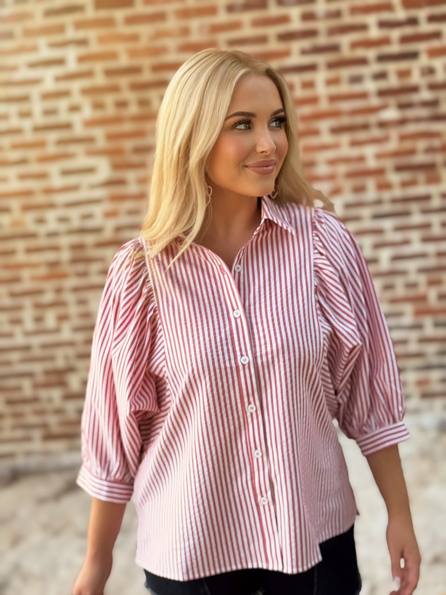 Crimson Charm Striped Puff-Sleeve Blouse