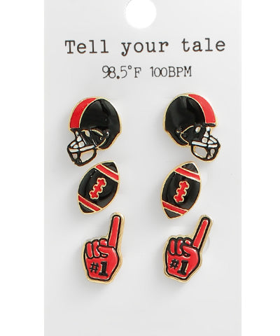 Red & Black Game Day Epoxy Football Earrings Set – 3 Pairs