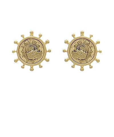 Vintage Gold Textured Bulldog Face Coin Earrings American Graham