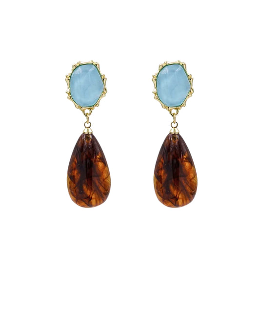 Aqua & Tortoise Resin Teardrop Statement Earrings