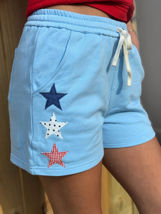 Blue Star Appliqué Lounge Shorts | Women’s Cotton Drawstring Shorts | Casual Summer Shorts with Pockets | Patriotic Lounge Set Bottoms