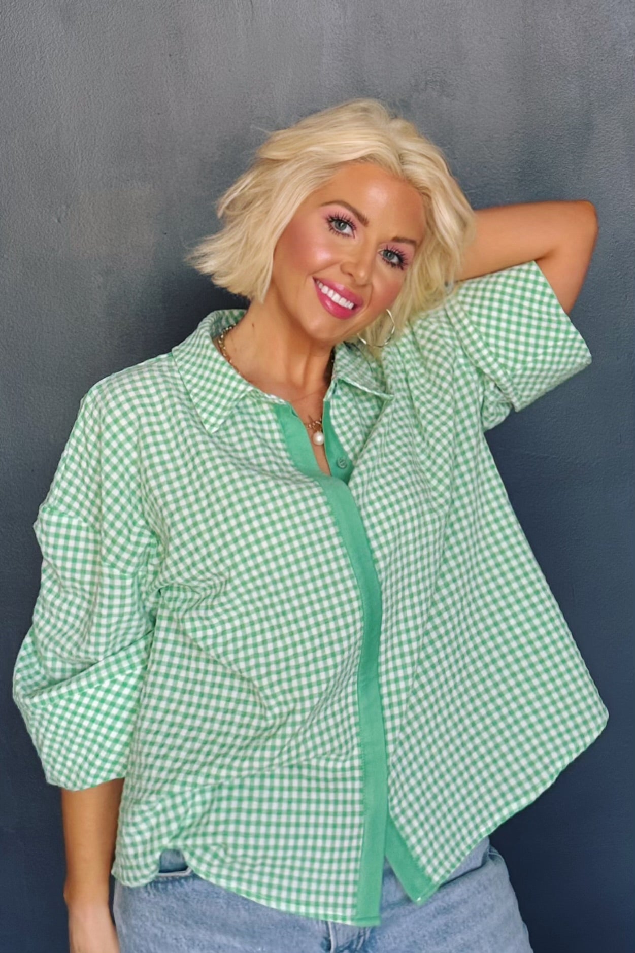 Gingham & Grace Kelly Green Relaxed 3/4 Sleeve Button-Down Top