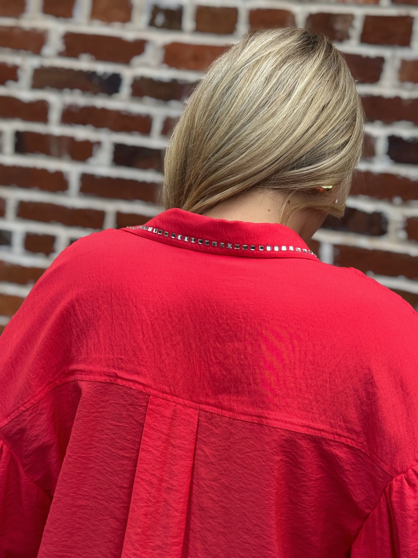Too Too Hot Red Spark Rhinestone-Collar Blouse