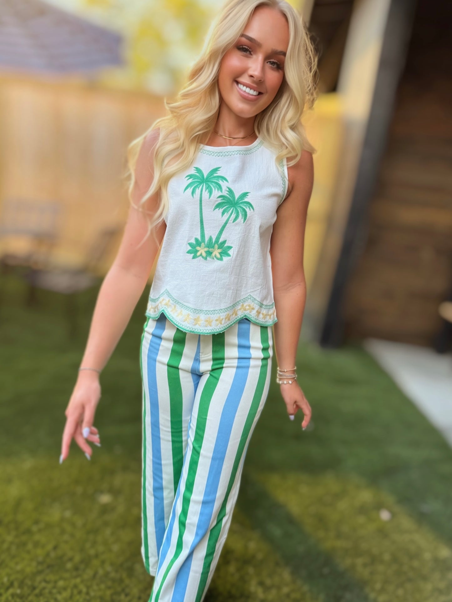 Green & Blue Stripe Straight-Leg Pants | Lightweight Cotton Wide Leg Pants