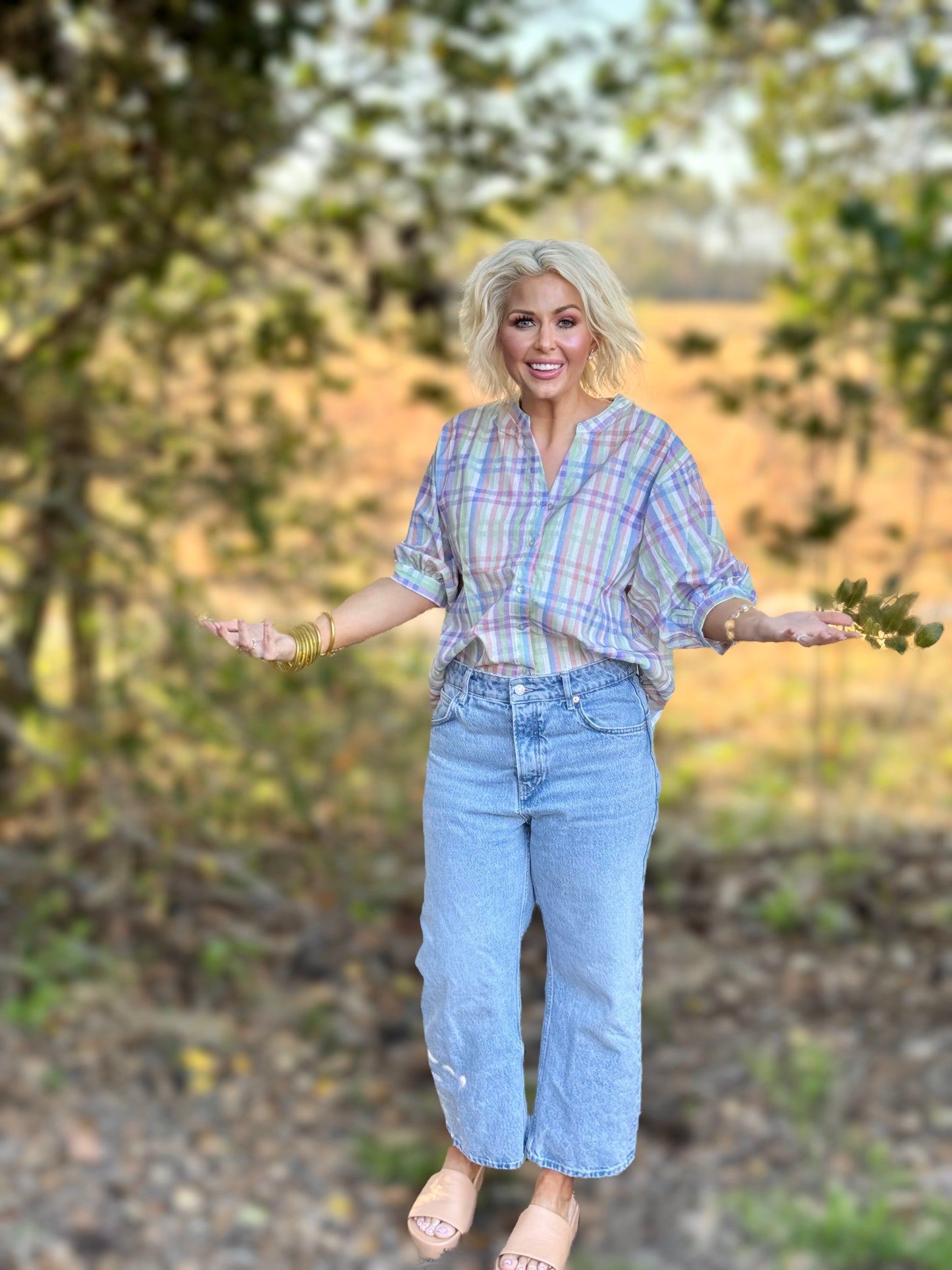 Sunday Best Plaid V-Neck Half Puff Sleeve Blouse