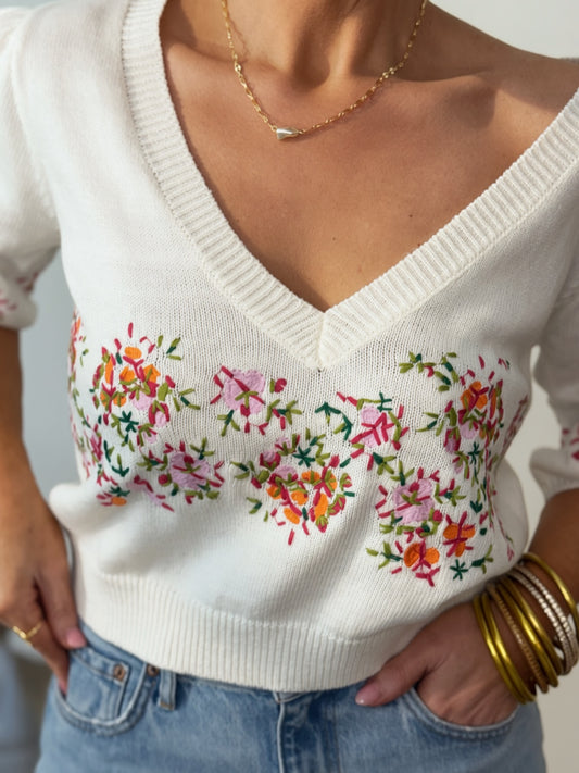 Secret Garden Floral Embroidered Short Puff Sleeve Sweater Top