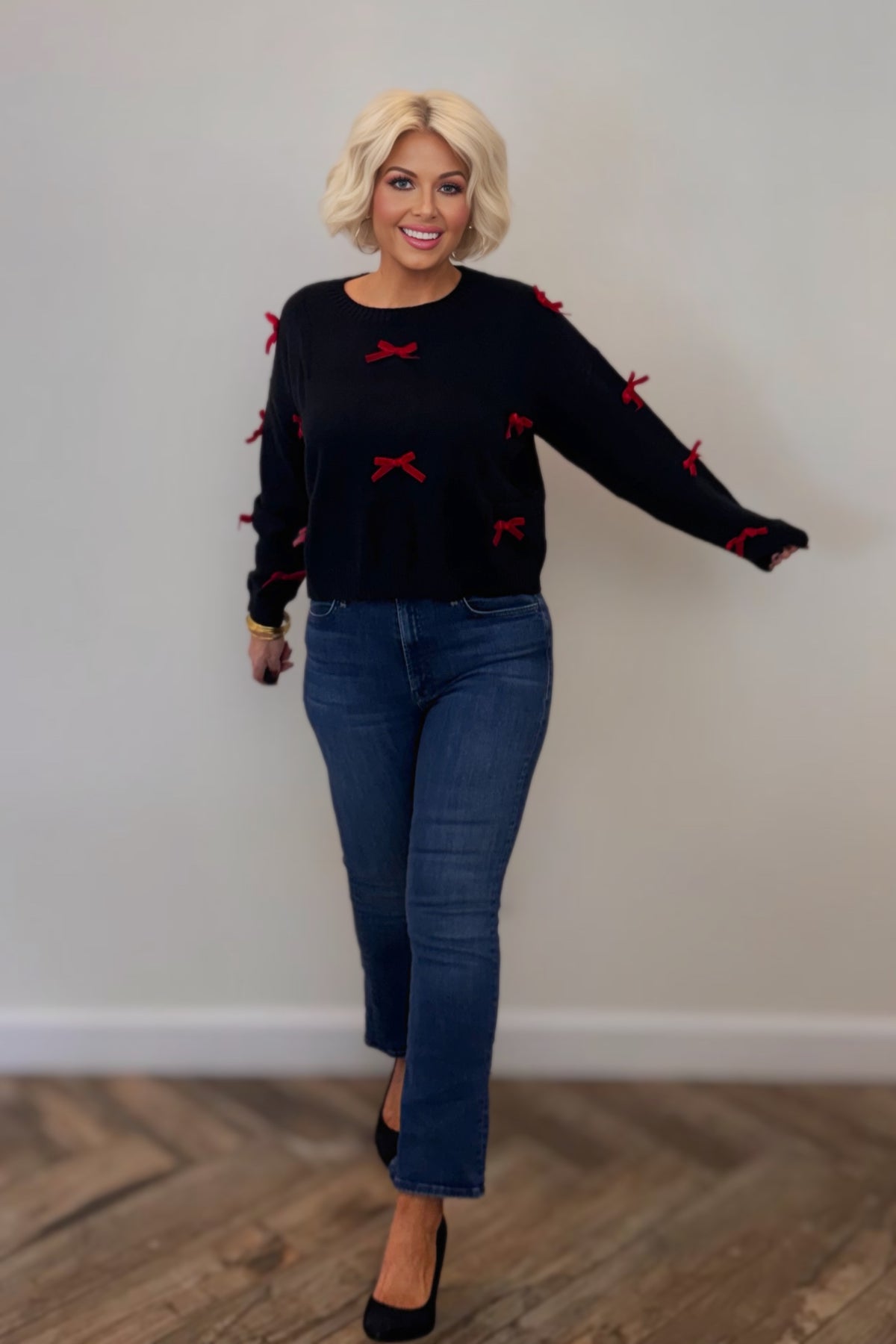 Black Sweater with Red Velvet Ribbon Bows