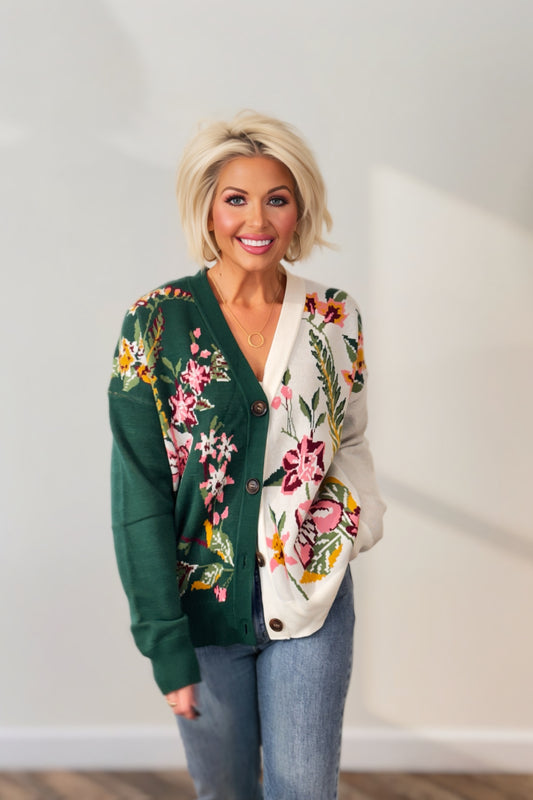 Willow Forest Green & White Floral Color Block Cardigan