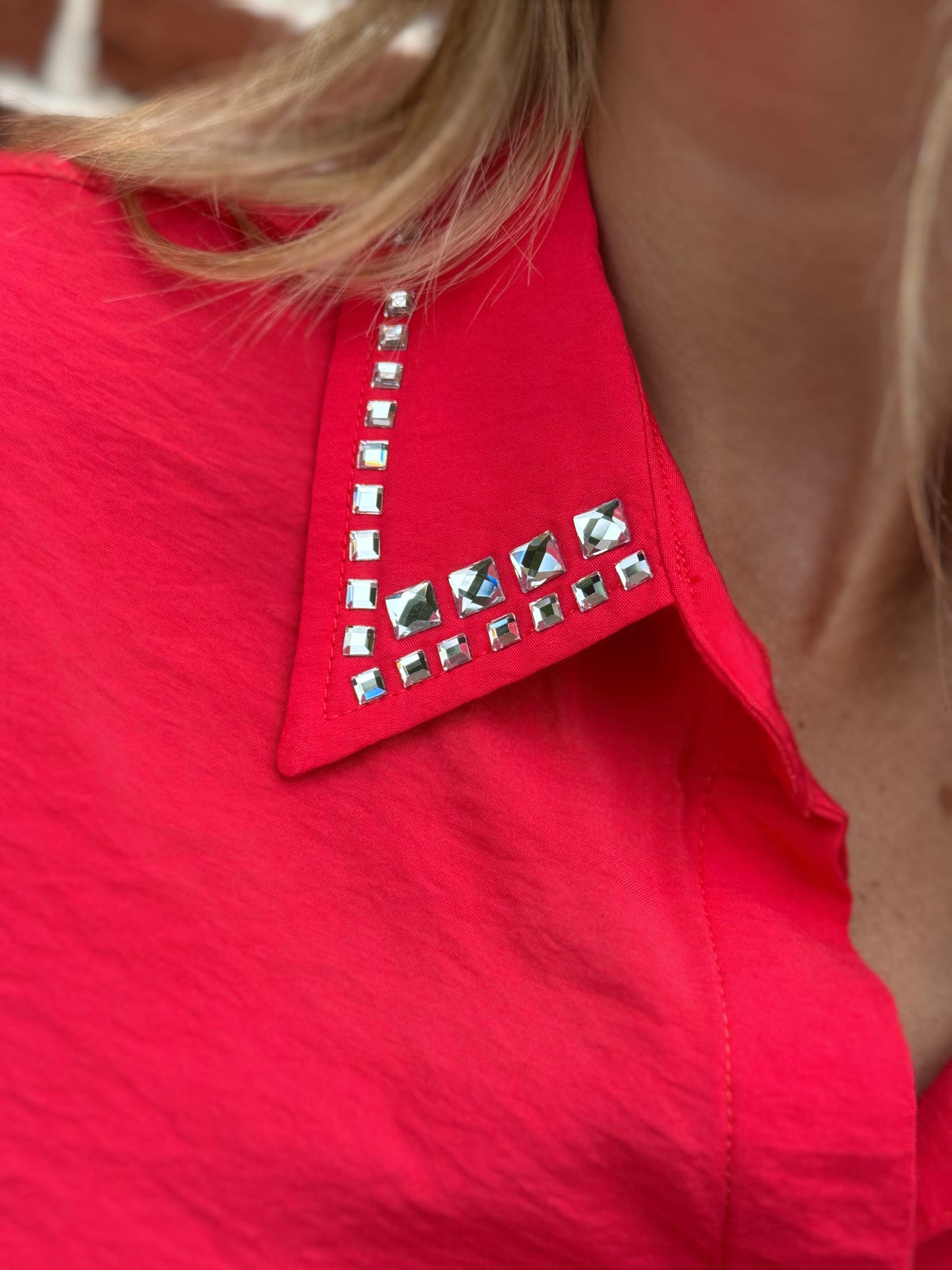 Too Too Hot Red Spark Rhinestone-Collar Blouse