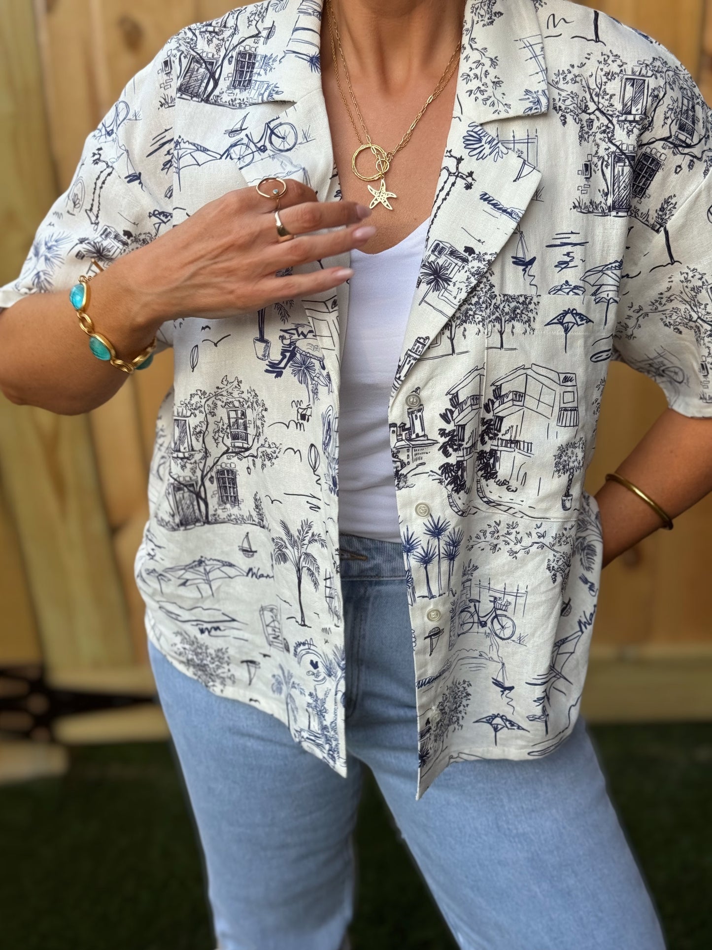Chemise boutonnée en lin imprimé | Blouse femme fluide à manches courtes | Haut d'été léger | Chemise de vacances coupe décontractée