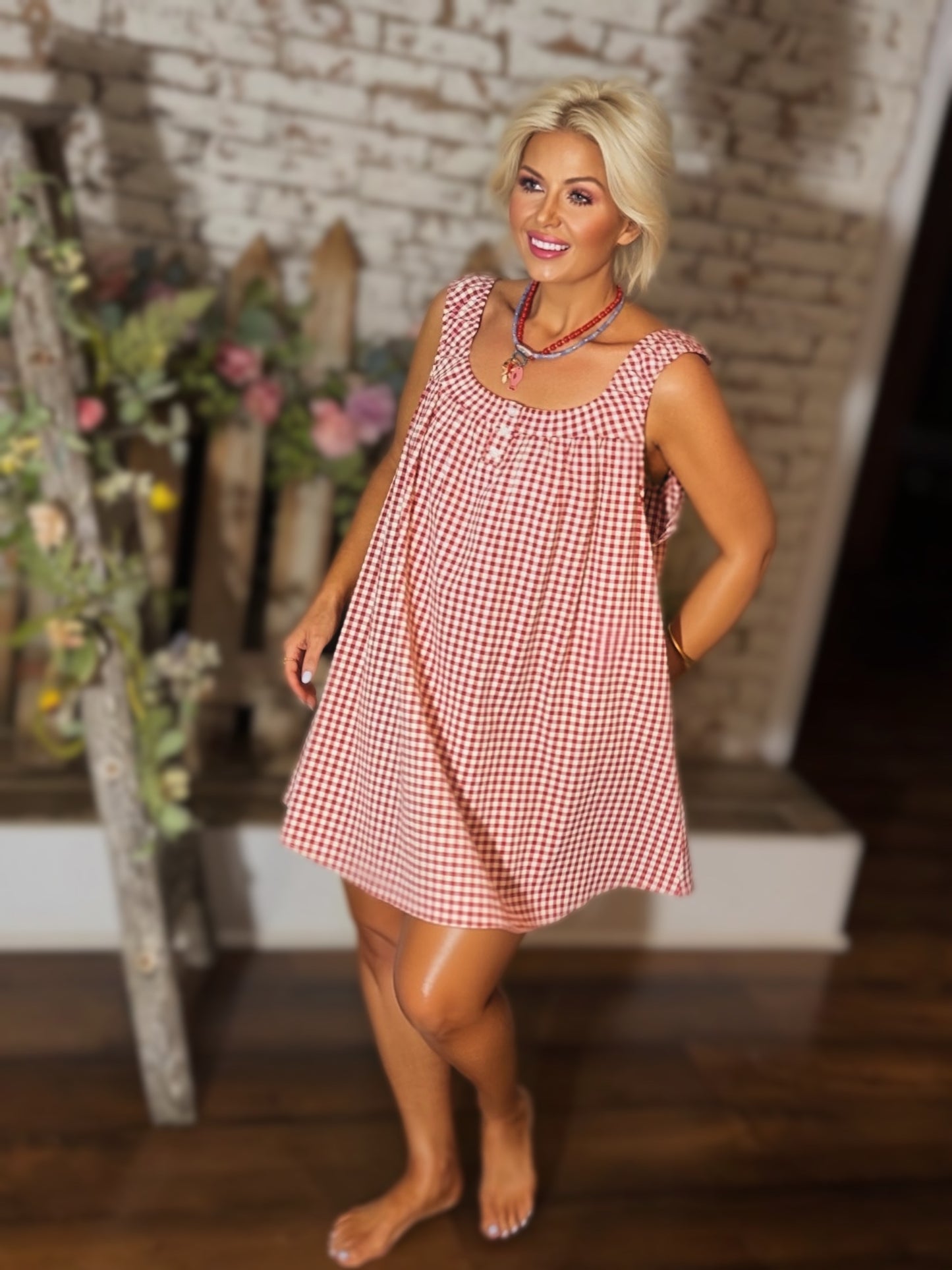 Randy Gingham Swing Minikleid: Rot Elfenbein / Zeitgenössisch / L