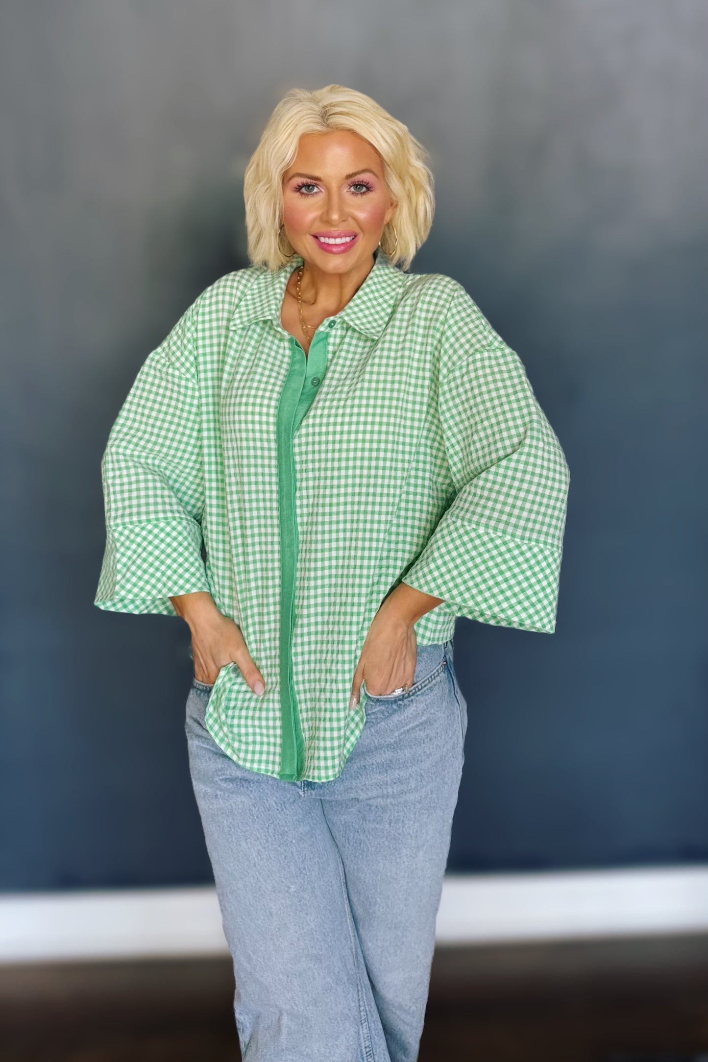 Gingham & Grace Kelly Green Relaxed 3/4 Sleeve Button-Down Top