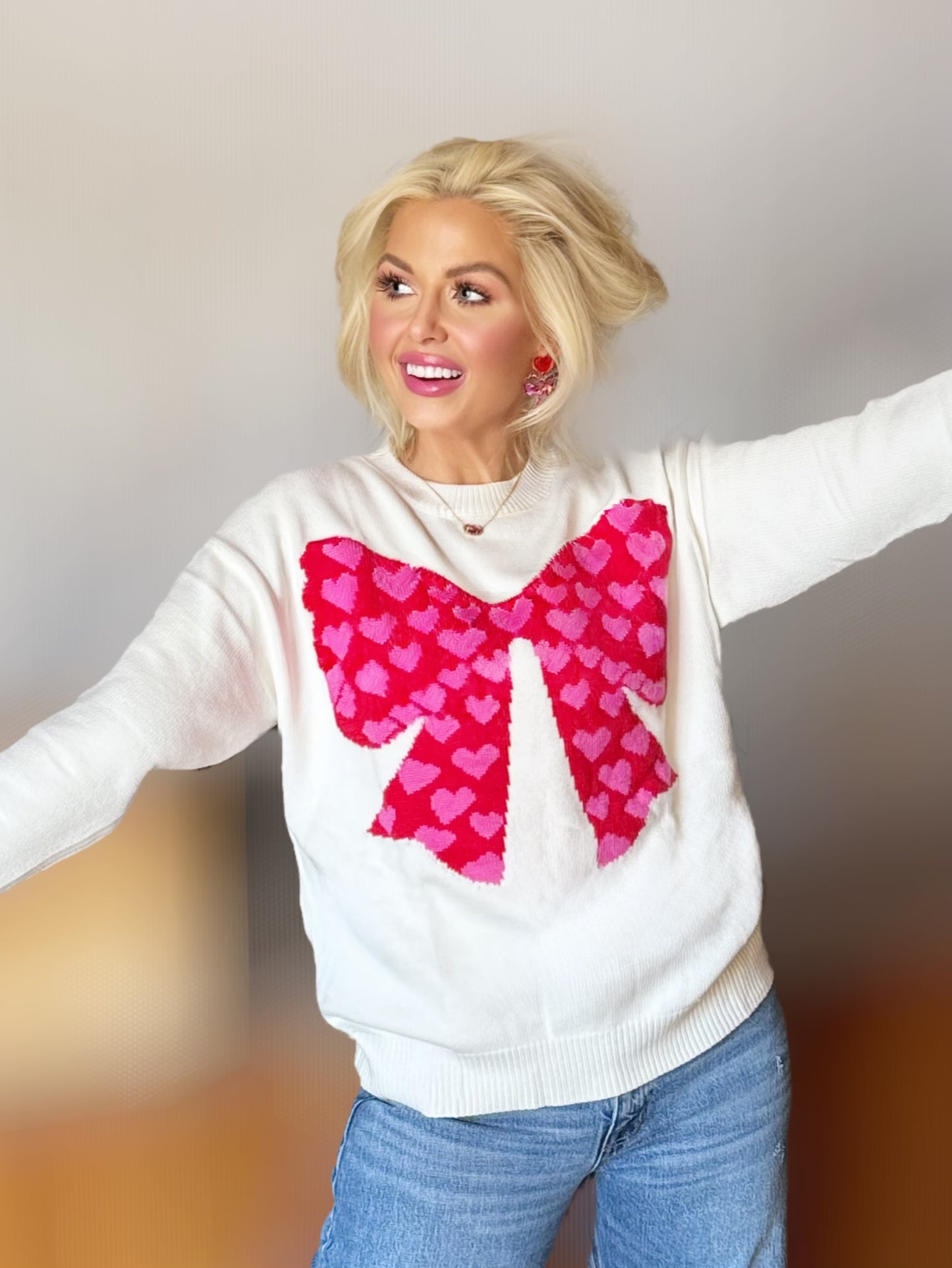 Cupid Approved Valentines Heart Bow Graphic Long Sleeve Knit Sweater