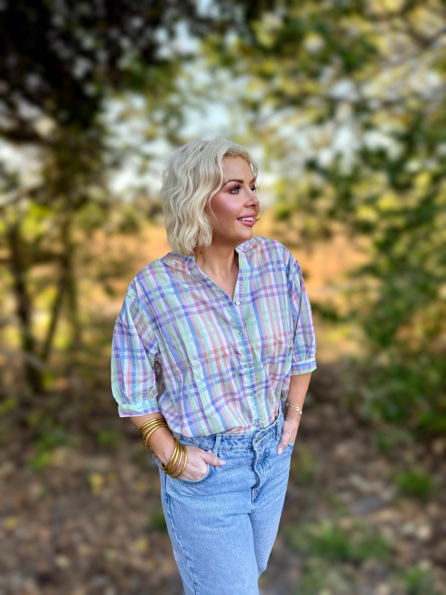 Sunday Best Plaid V-Neck Half Puff Sleeve Blouse