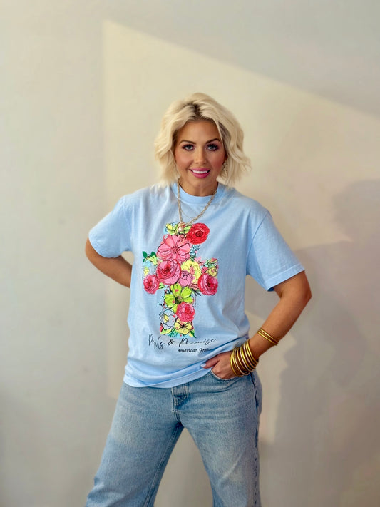 Petals & Promise: Grace In Full Bloom Spring Floral Cross Graphic T-Shirt (Full Front)