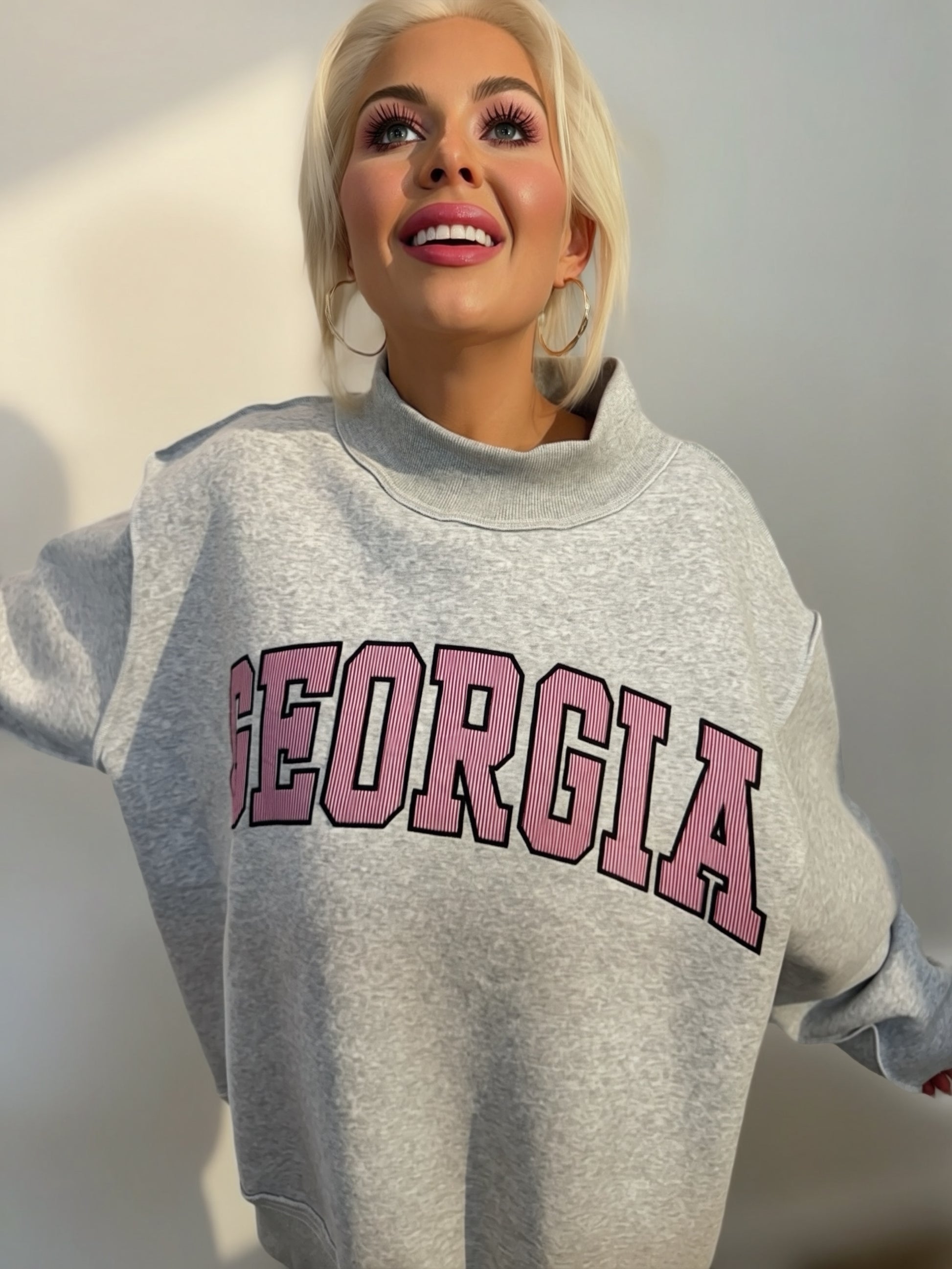 georgia embroidered terry sweatshirt women oversized mock neck grey varsity pullover cozy lounge top
