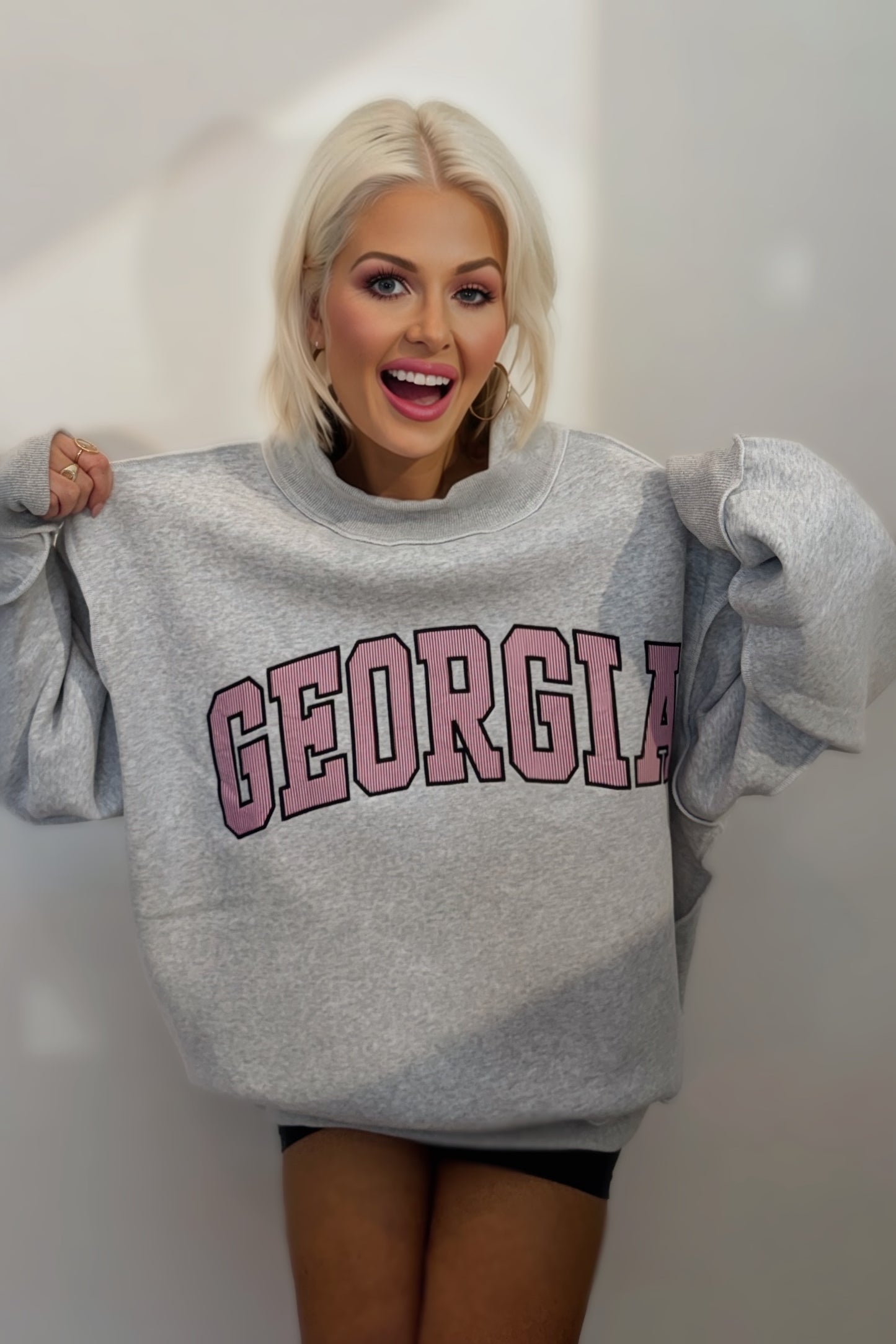 georgia embroidered terry sweatshirt women oversized mock neck grey varsity pullover cozy lounge top