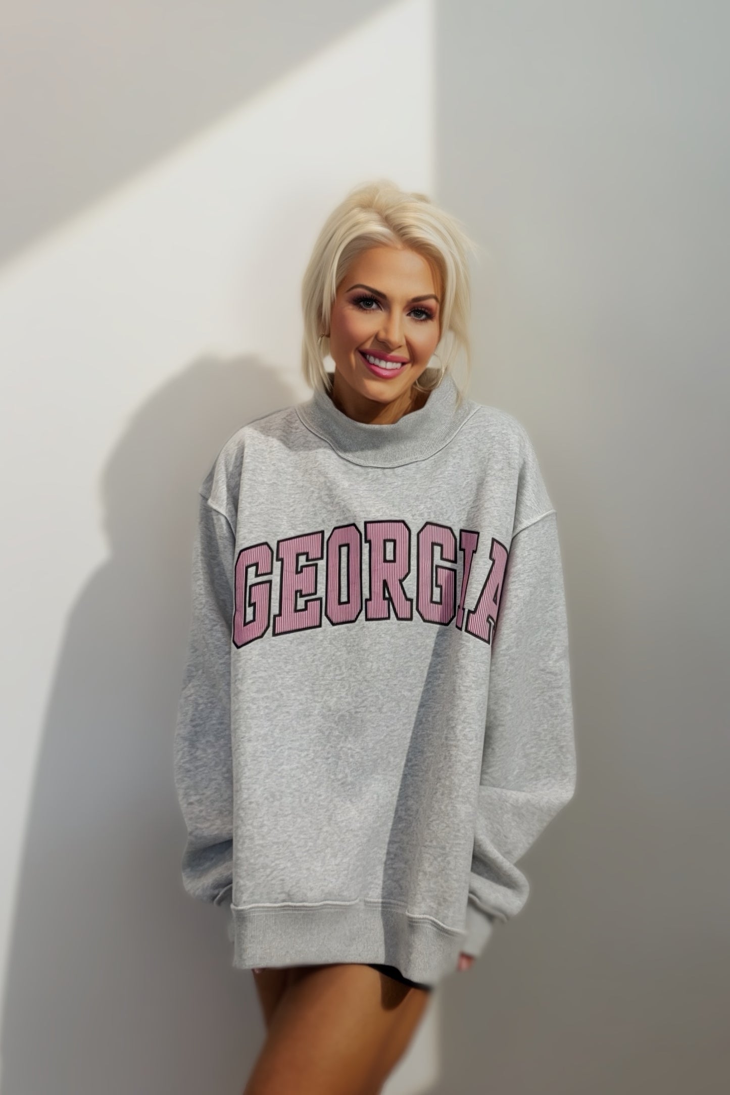 georgia embroidered terry sweatshirt women oversized mock neck grey varsity pullover cozy lounge top