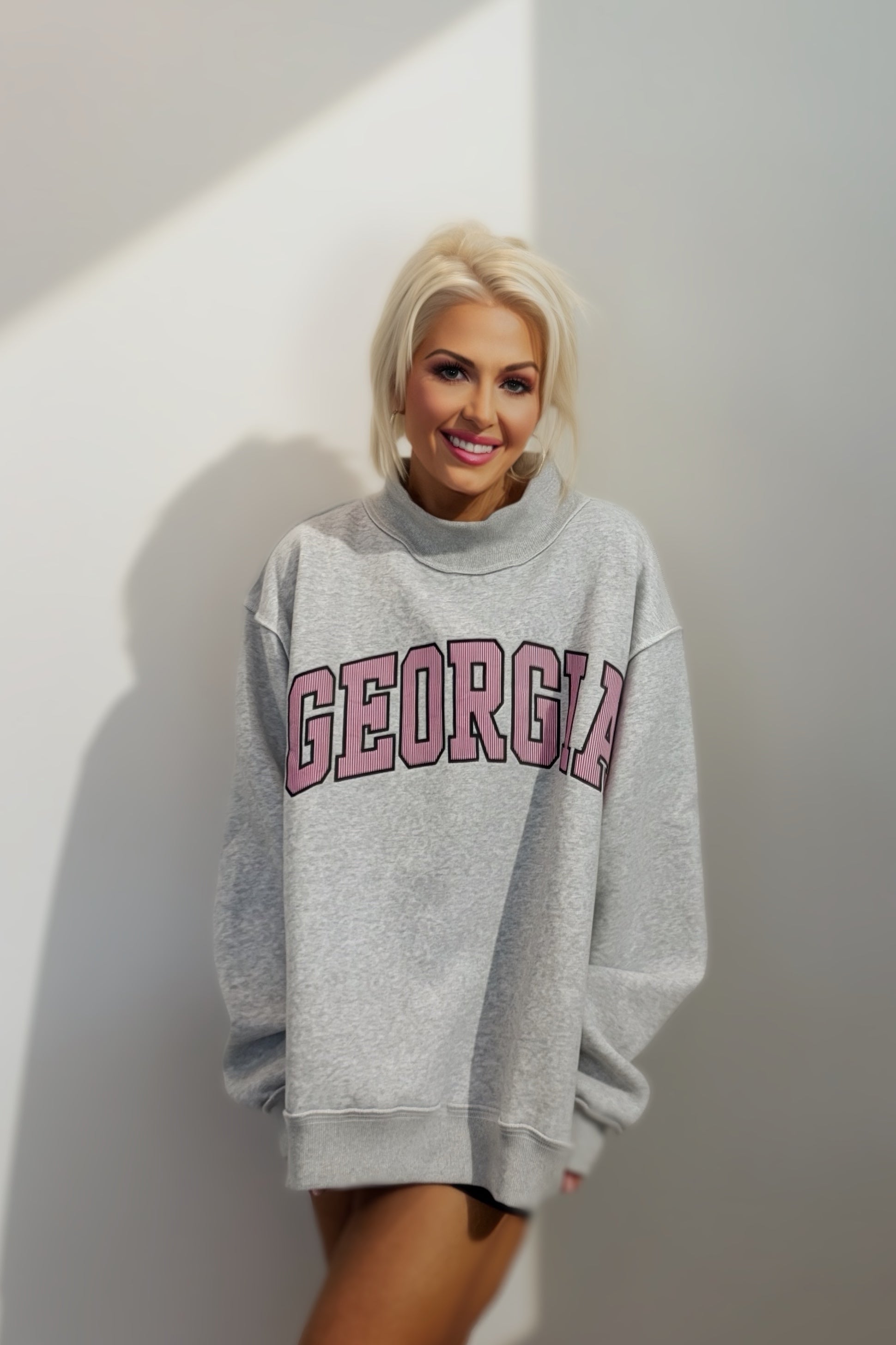 georgia embroidered terry sweatshirt women oversized mock neck grey varsity pullover cozy lounge top