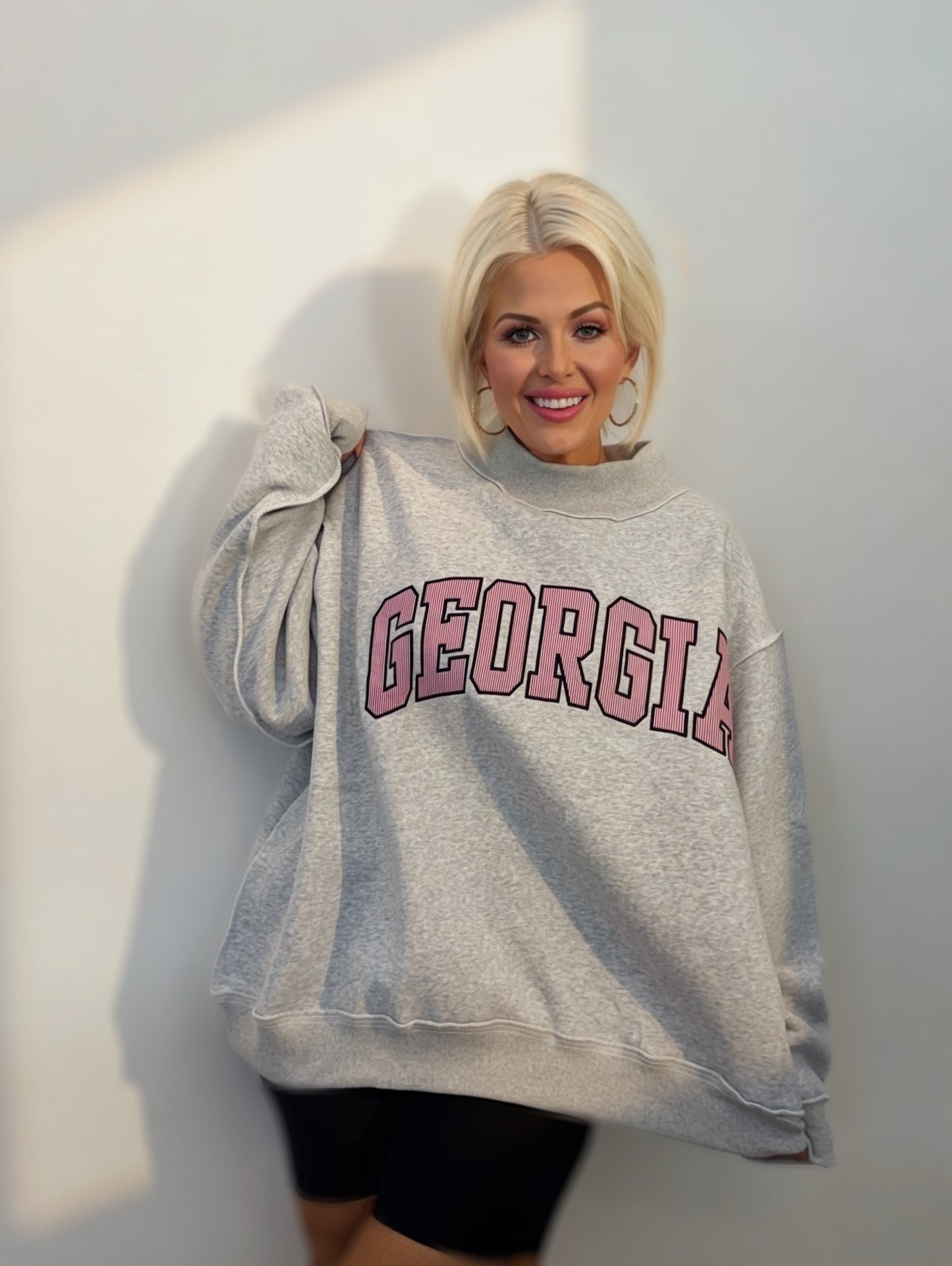 georgia embroidered terry sweatshirt women oversized mock neck grey varsity pullover cozy lounge top