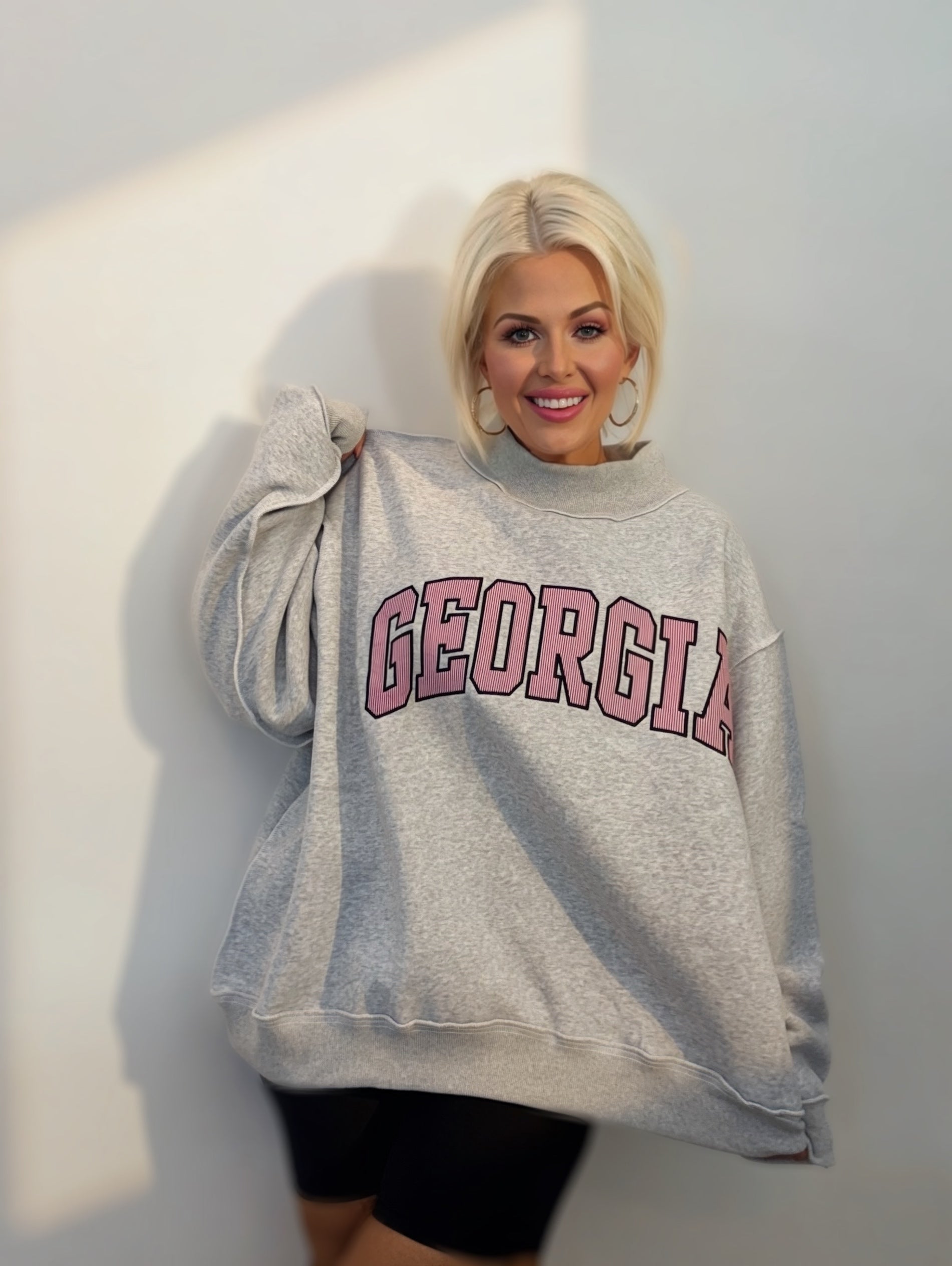 georgia embroidered terry sweatshirt women oversized mock neck grey varsity pullover cozy lounge top