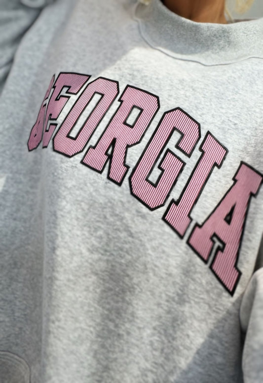 georgia embroidered terry sweatshirt women oversized mock neck grey varsity pullover cozy lounge top