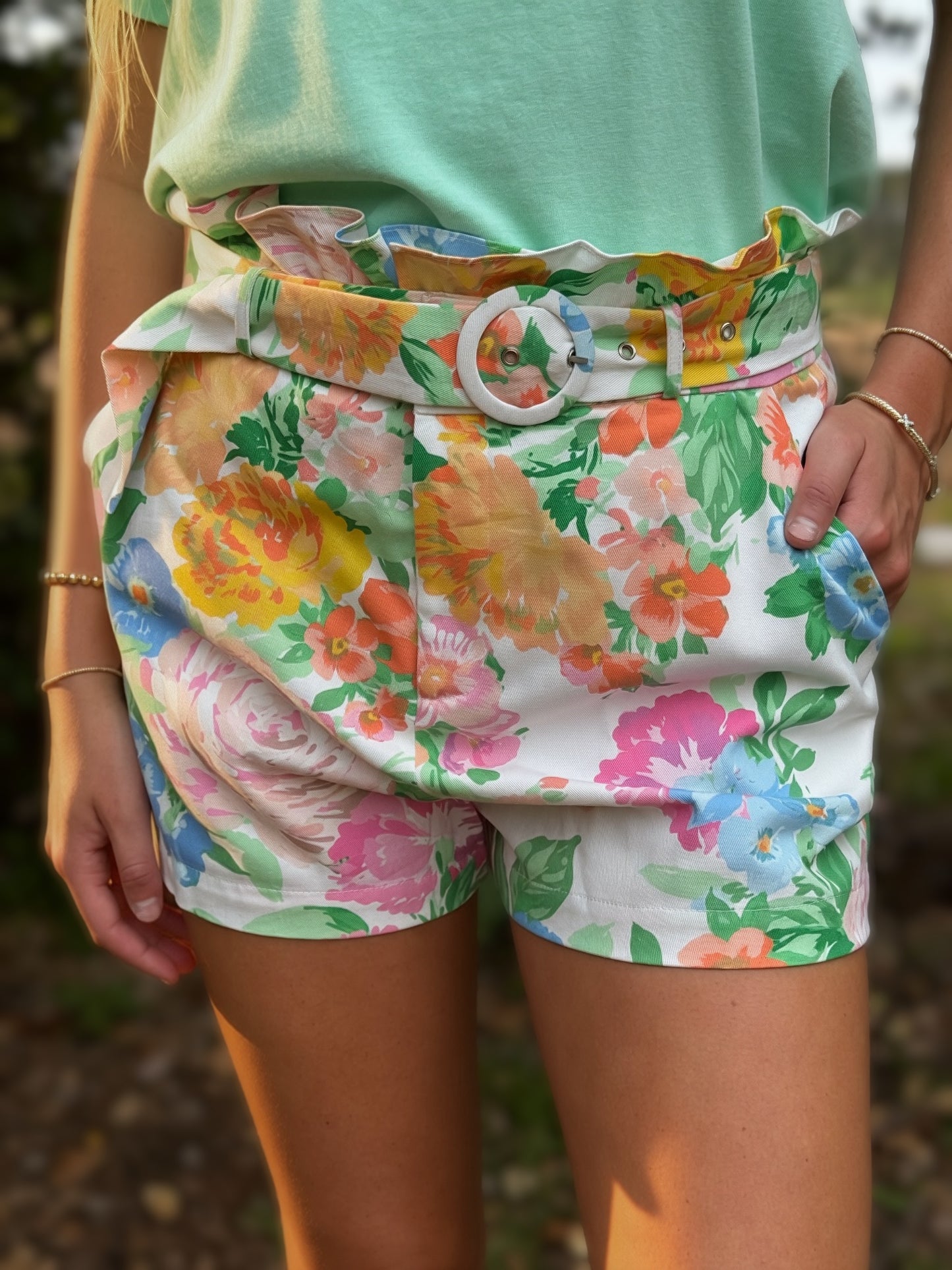 floral belted shorts women garden print high waisted ruffle waist cotton tailored summer outfit