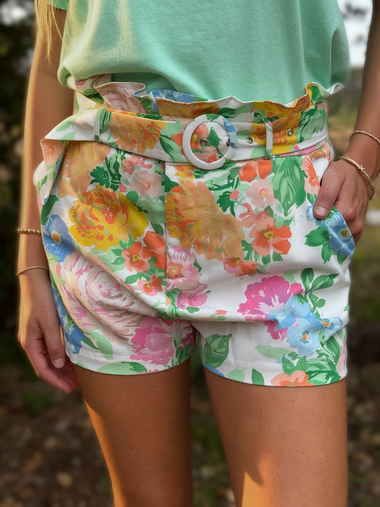 floral belted shorts women garden print high waisted ruffle waist cotton tailored summer outfit