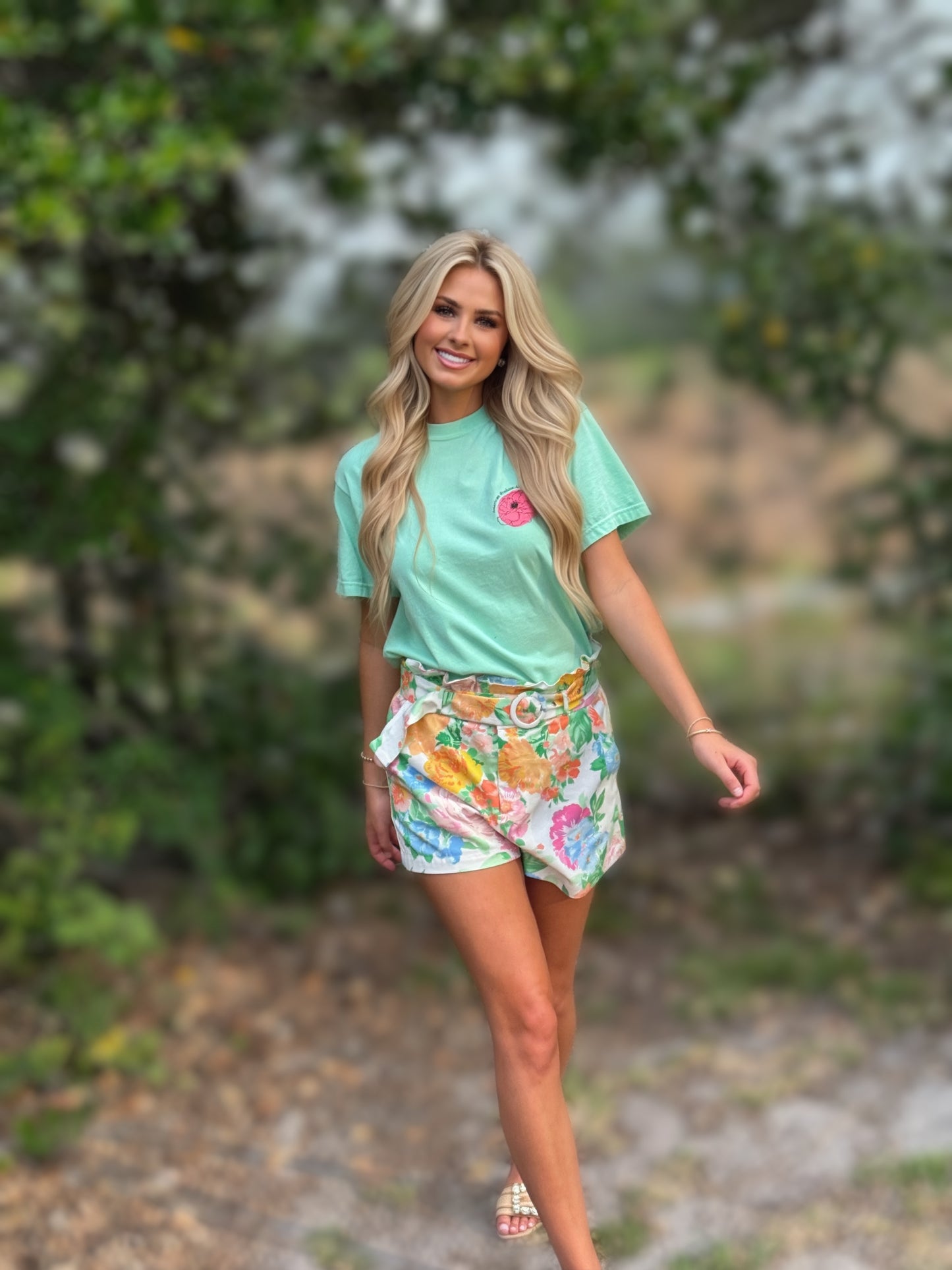 floral belted shorts women garden print high waisted ruffle waist cotton tailored summer outfit