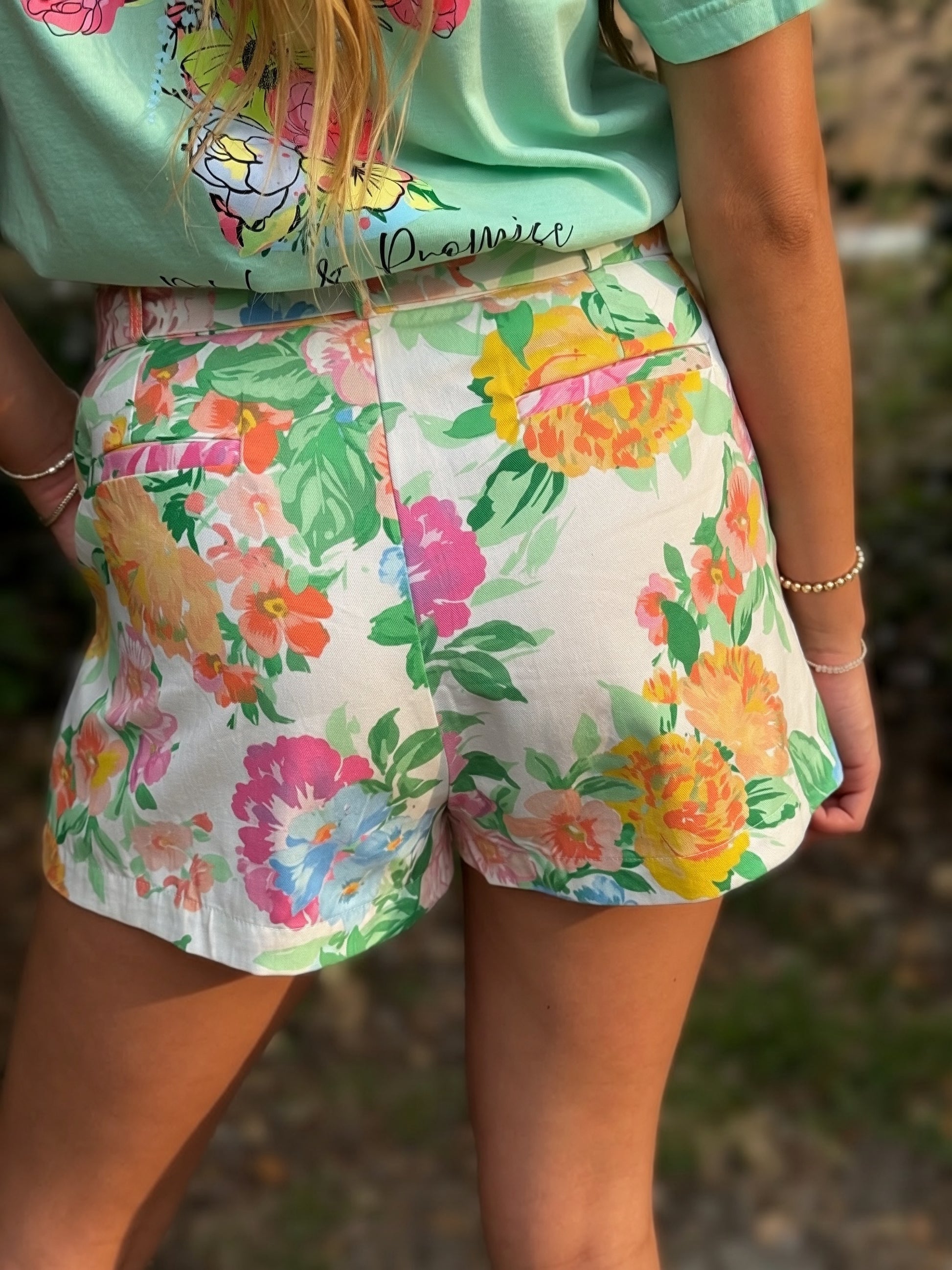 floral belted shorts women garden print high waisted ruffle waist cotton tailored summer outfit